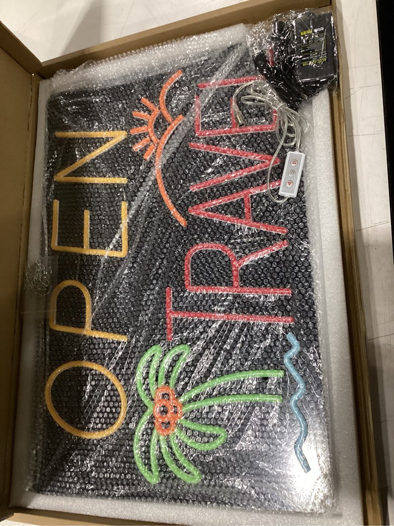 Condition photo showing New/Like New for **untested** large open travel neon signs for wall decor neon lights for bedroom led signs suitable for drive thru open office man cave bar christmas 12v power adapter, 23.6*15.7 inch(red + grenn+yellow)