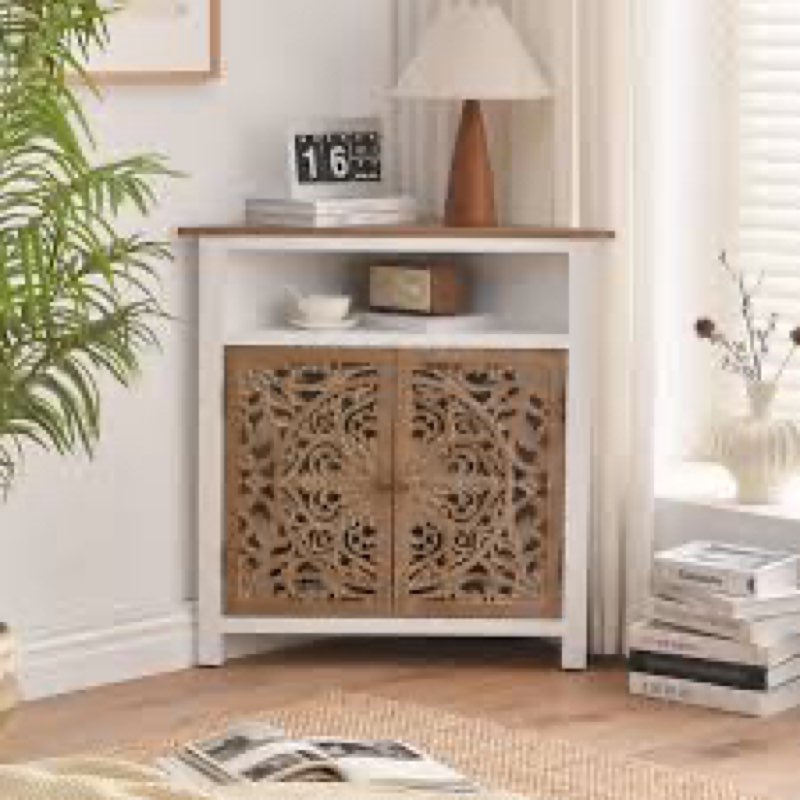 2-door farmhouse corner cabinet with hand-carved detailing, storage shelf, rustic white and natural wood