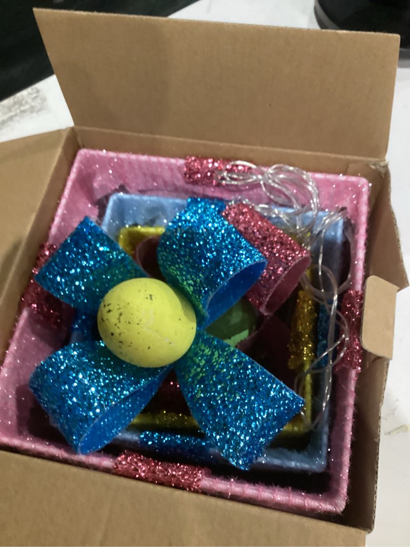 Condition photo showing As Is for Timer & 8 Mode 3 Pack Easter Decorations, Pink Blue Yellow Easter Lighted Gift Boxes with Eggs Glitter Bow 60 LED Battery Operated Present Box, Easter Decor Spring Party Indoor Outdoor Home Easter Egg