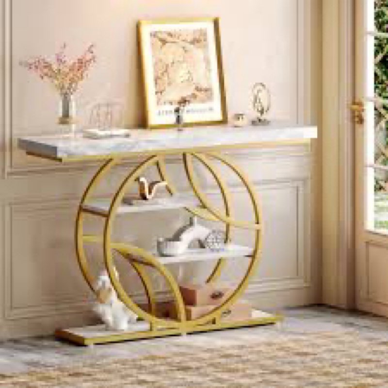Huuger 47.2 Inch Entryway Table with Marble Top, Modern Console Sofa Table, Accent Table with Shelve