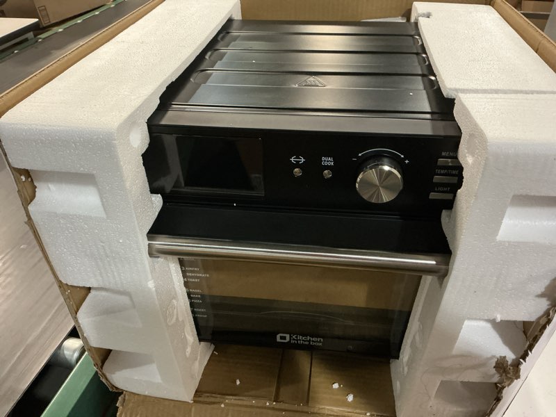 Condition photo showing Good Condition for kitchen in the box 32qt extra large air fryer toaster oven combo, 21-in-1 countertop convection toaster oven with rotisserie and dehydrate, 6 accessories, 1800w dual cook preset (black)