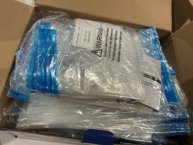 Condition photo showing As Is for house day 22 pack vacuum seal bags for clothing travel, 80% space saving travel vacuum bags with electric pump, vacuum storage bags for clothes, comforters, blankets, moving, storage & organization 22 combo-e pump