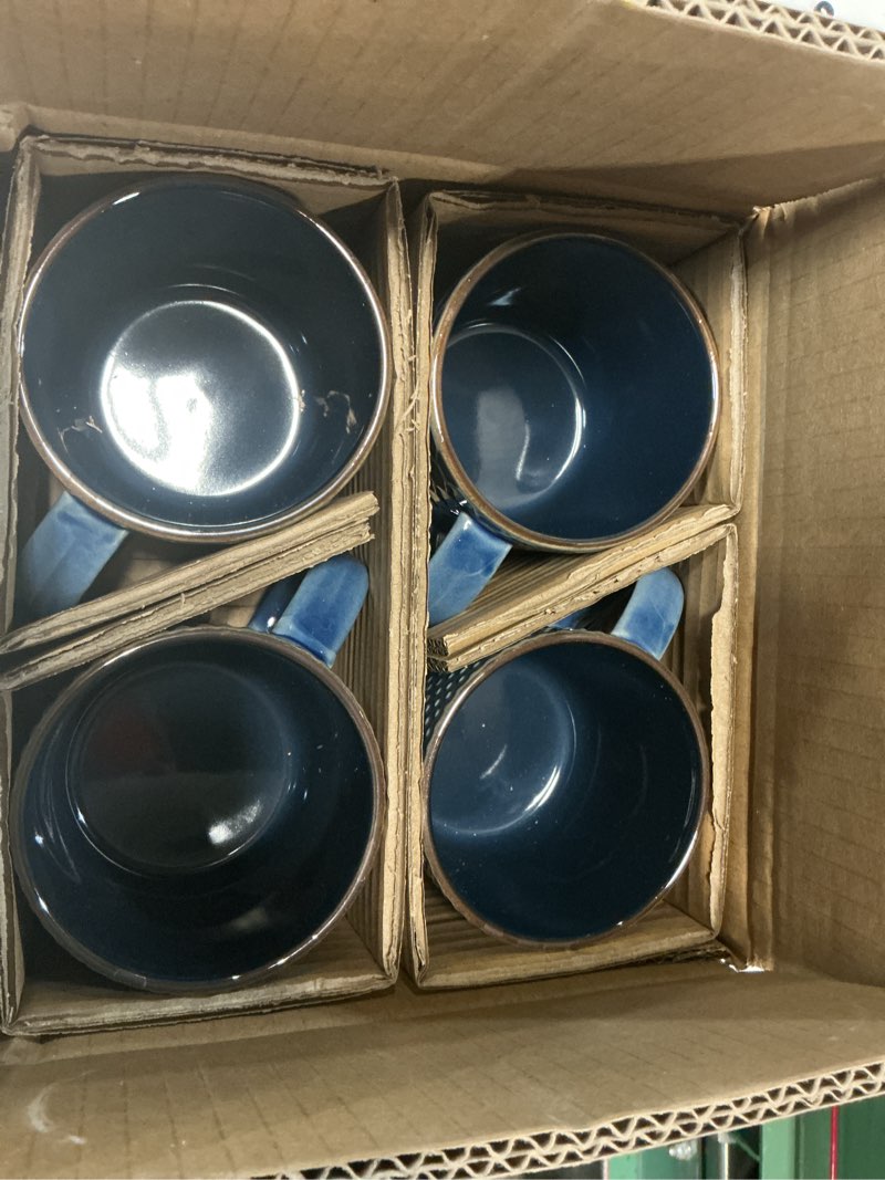 Condition photo showing New/Like New for gbhome 12 oz stackable coffee mugs, ceramic coffee mugs with texture patterns for man,woman,dad,mom, modern coffee cups set of 4 for latte/cappuccino/cocoa. dishwasher&microwave safe moonlight blue 12oz (no stand)