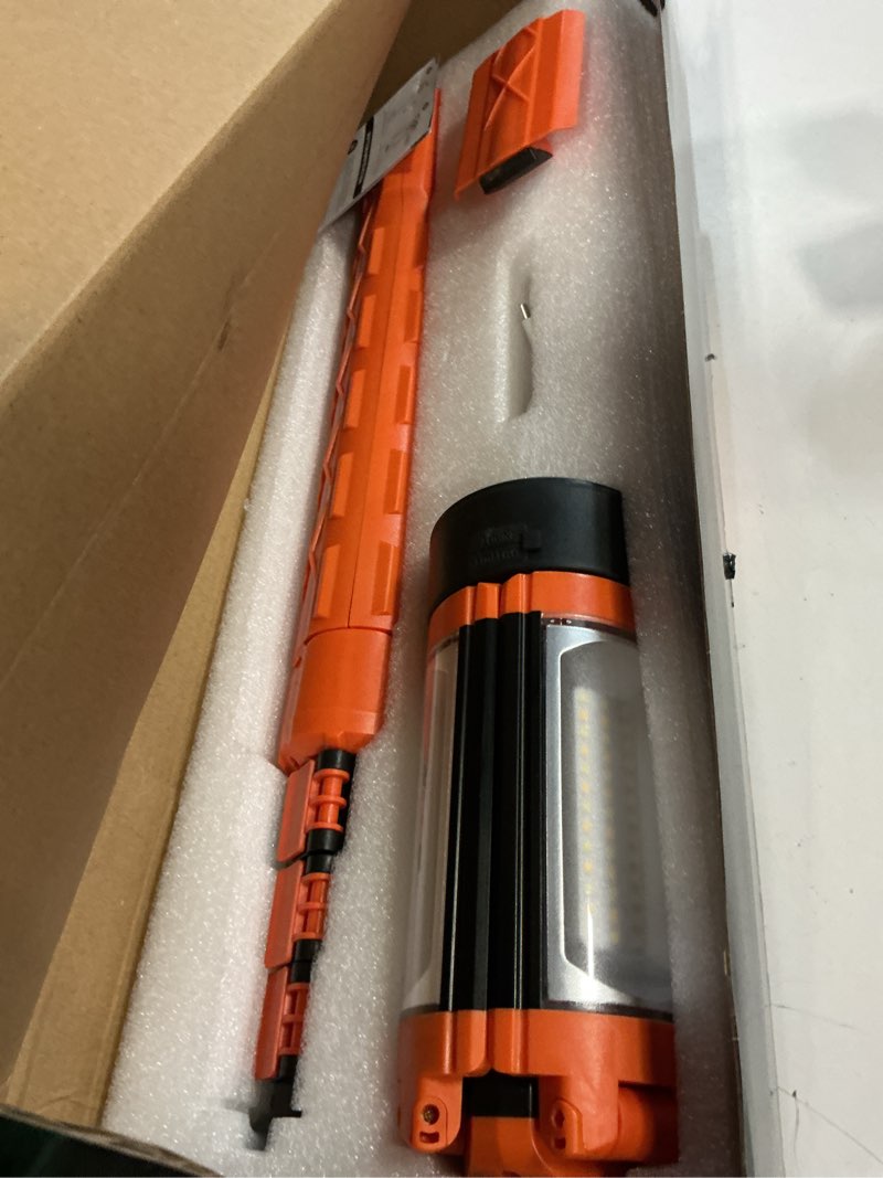 Condition photo showing Good Condition for OGERY Rechargeable 10000mAh Camping Light with Stand 6.5 ft Max Height, Cordless Work Light with 3 LED Lamp Heads, 2200 Lumens Camping Essentials Gear Emergency Flashlight with Detachable Tripod Orange