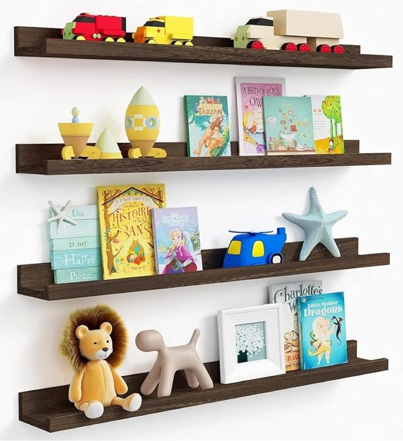 forbena 36 inch long picture ledge shelf, wooden floating shelves for wall with lip, dark brown wall mounted bookshelf bookshelves for living room bedroom office books photos (real wood, set of 4)