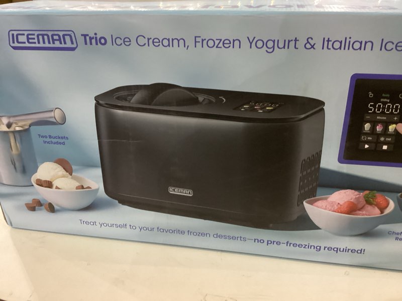 Condition photo showing New/Like New for Iceman by Chefman Ice Cream Maker, No Pre-Freezing with Built-In Compressor, Makes Ice Cream, Froyo, Sorbet, Sherbet, Italian Ice, Frozen Yogurt, Digital Display w/ 3 Presets, 2 Pint Inserts Included