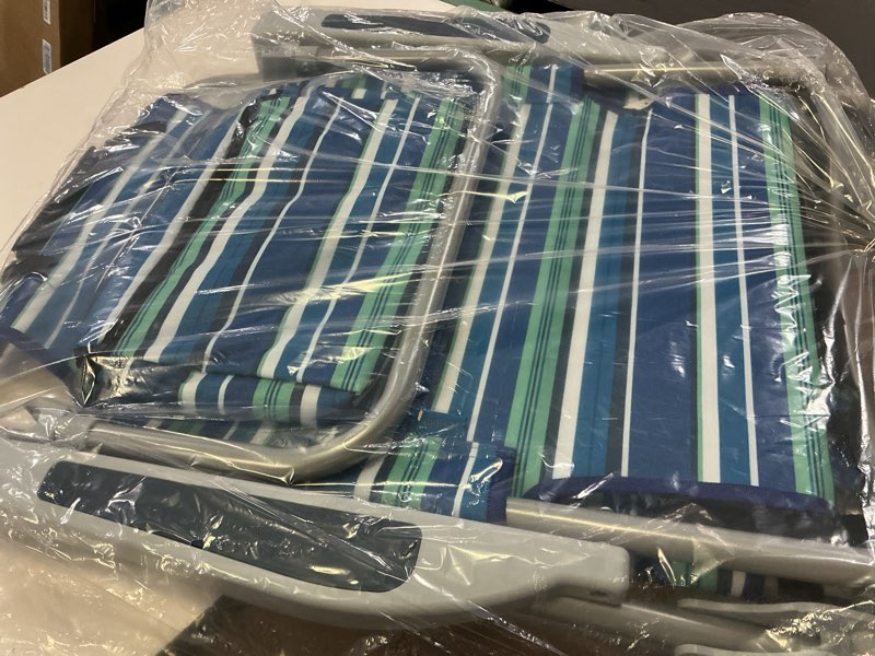 Condition photo showing New/Like New for yestomo beach chairs for adults heavy duty, compact portable lay flat folding chair with backpack straps and large cooler pouch, support to 350lbs (stripes_blue&cyan) stripes-blue&cyan