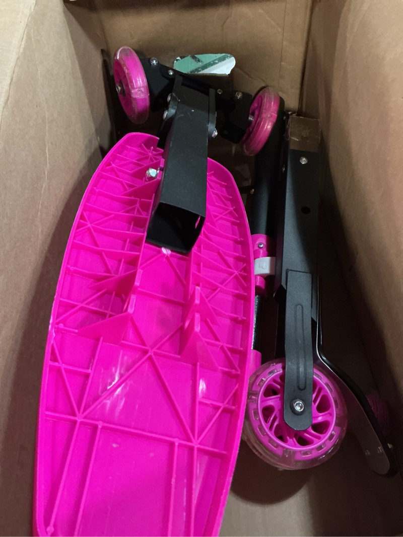 Condition photo showing As Is for 3 wheel kids kick scooter for ages 3-12, lean-to-steer, light-up wheels, 3-level adjustable handlebar 27.5”-33”, wide non-slip deck, dual rear brake,travel foldable, for boys & girls toy gifts pink