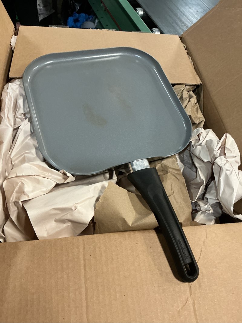 Condition photo showing As Is for goodcook everyday griddle pan ceramic nonstick aluminum construction for even heating non-toxic ptfe & pfoa free, 11-inch, black
