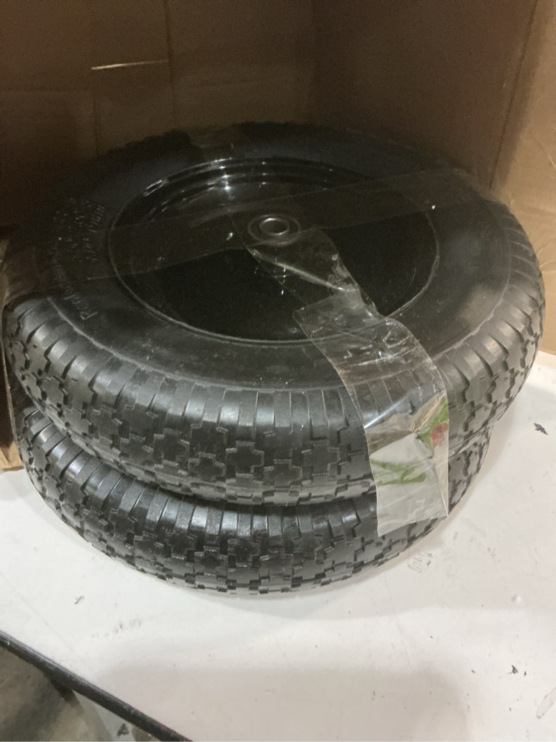 Condition photo showing Good Condition for pack of 2,4.80/4.00-8" flat free wheelbarrow tires and wheels, 14.5" universal fit solid tires with 5/8" or 3/4" bearing, 3"-7" hub, adapter kit hand truck wheels replacement for 3.50/2.50-8", 4.00-6"etc, 2 pcs 14.5"-2p black-flat free