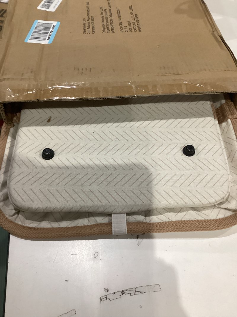 Condition photo showing New/Like New for CleverMade Collapsible Laundry Tote 2-Pack (50L) – Foldable Carry-All Storage Bin for Laundry, Car Trunk, RV, Dorm & Home Organization – LUXE Cotton Blend with Vegan Leather Accents, Cream LUXE Cream Herringbone 2 Pack