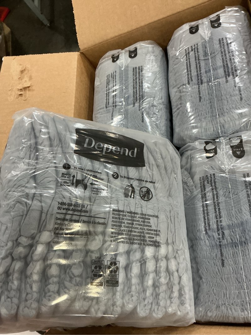 Condition photo showing New/Like New for Depend Night Defense Adult Diapers, Incontinence Underwear for Men, Disposable, Overnight, Large, Grey, 56 Count (4 Packs of 14), Packaging May Vary Large 56