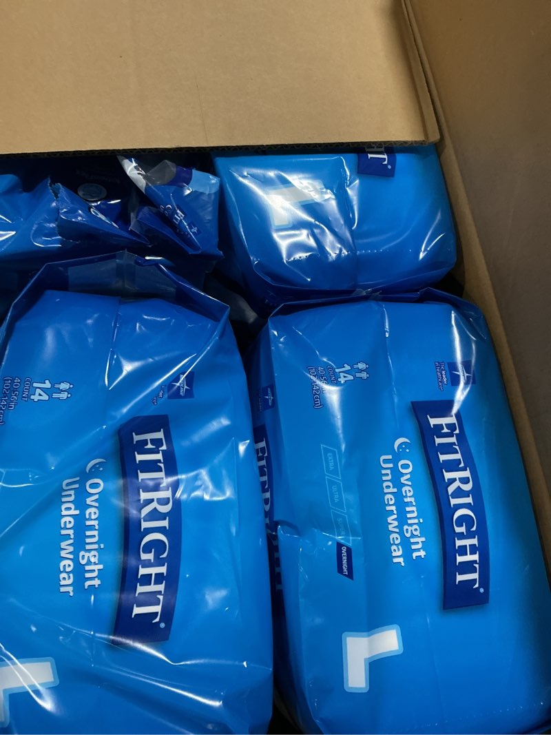 Condition photo showing Good Condition for fitright overnight unisex large underwear, (40-56 in waist) 14 count, maximum all night disposable incontinence protection, pull-on absorbent underwear for men and women, 1 bag large 1 bag