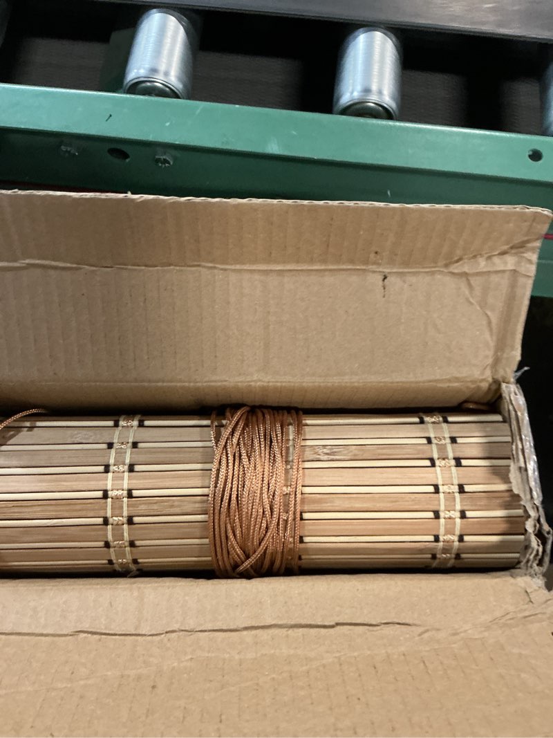Condition photo showing As Is for bamboo blinds for interior windows, custom bamboo shades for indoor windows, roller shades for indoor window and outdoor patio, easy to install for decks, porches, backyards e 58"w x 64"h