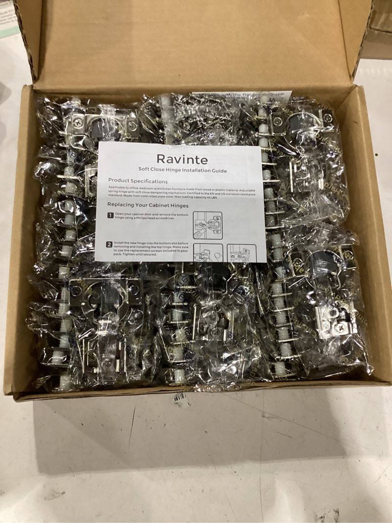 Condition photo showing New/Like New for ravinte 60 pack (30 pairs) 1/2 inch overlay soft close hinges for kitchen cabinets - satin nickel hidden concealed hinge, stainless steel, self closing 1/2 inch overlay 60