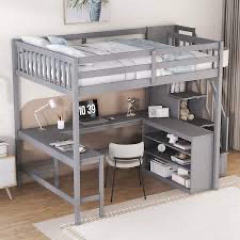 full loft bed with side desk, shelves, & 4 drawers