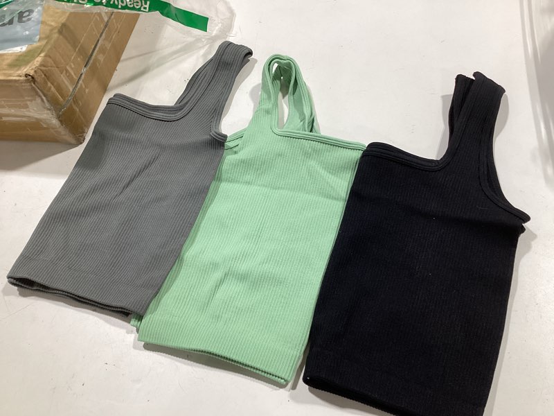 Condition photo showing Good Condition for olchee womens 3 pack crop tank tops basic seamless ribbed sleeveless square neck workout top summer exercise yoga gym shirts black + light grey + olive green medium