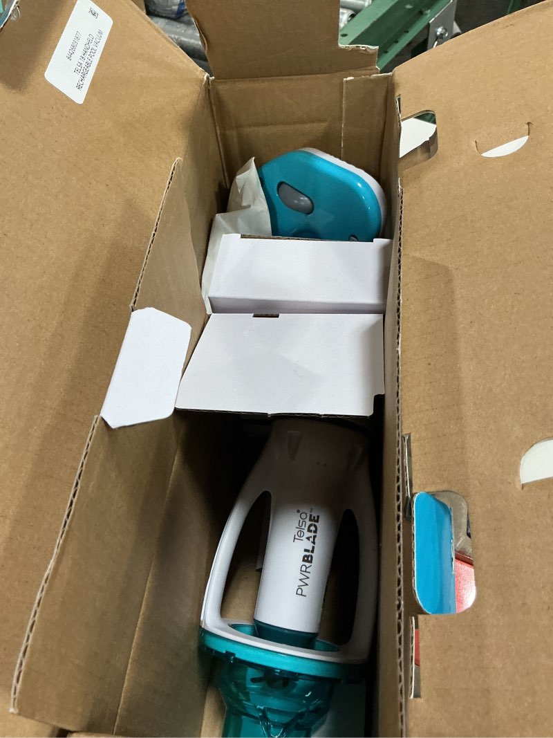 Condition photo showing As Is for kokido white and blue telsa 18 rechargeable pool vacuum