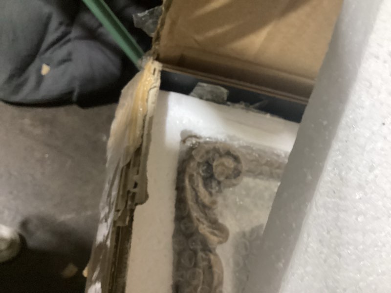 Condition photo showing Good Condition for vintage gold wall mirror - 36x30 inch, ornate baroque design, incricate crown, metal frame, large antique decorative mirror for fireplace mantle, living room, entryway, bathroom gold 30"l x 36"w
