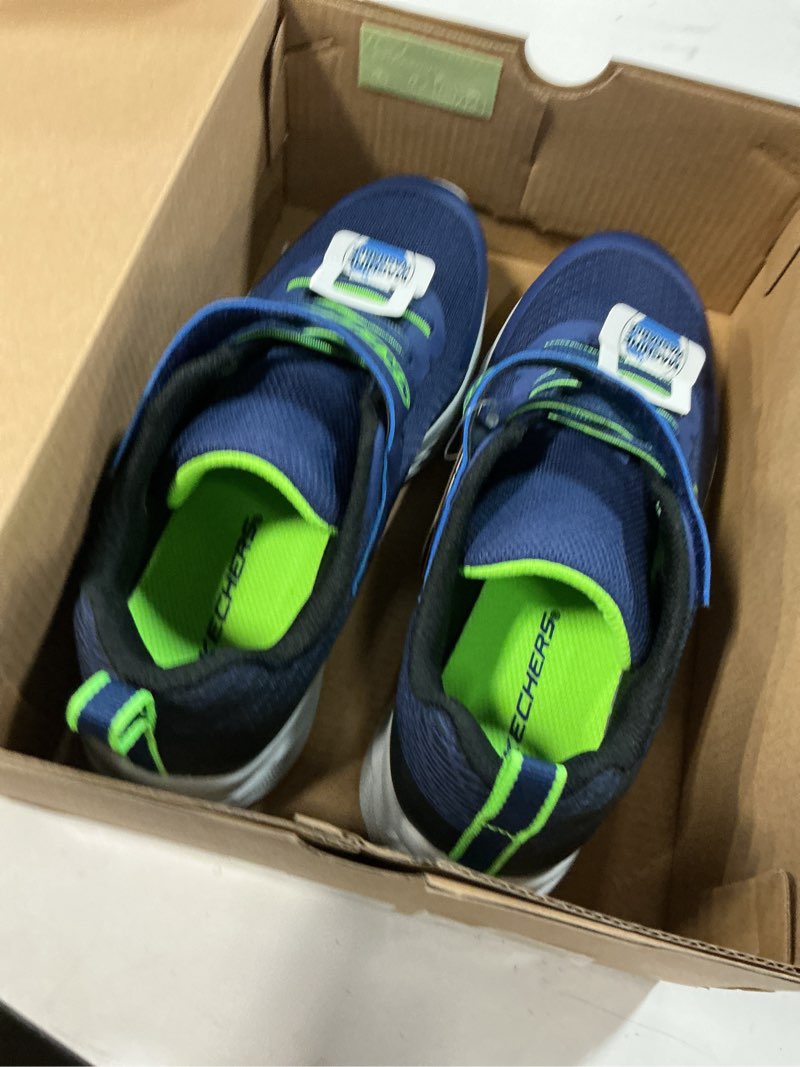 Condition photo showing New/Like New for skechers kids' dynamatic sneakers 4 big kid navy blue/lime