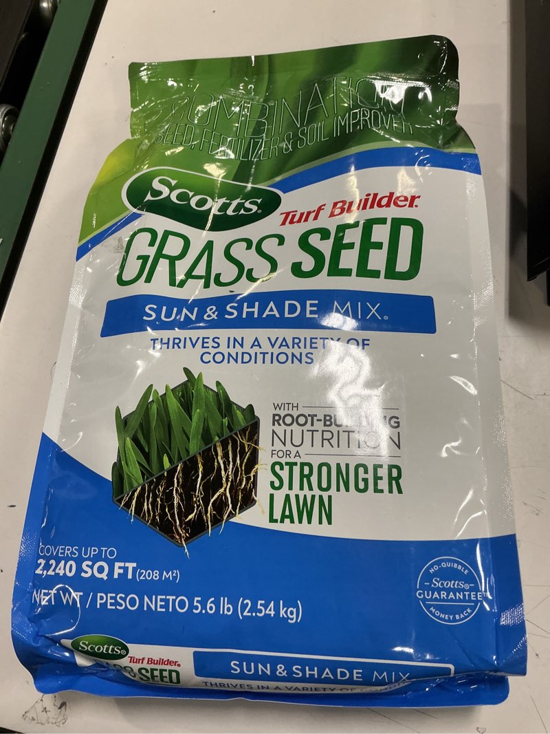 Condition photo showing New/Like New for Scotts Turf Builder Grass Seed Sun & Shade Mix with Fertilizer and Soil Improver, Thrives in Many Conditions, 5.6 lbs. 5.6 lb.