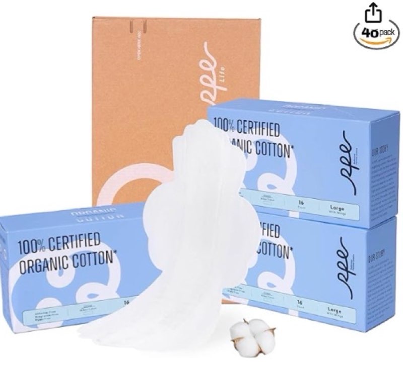 100% Large Organic Pads for Women, Ultra Thin Heavy Flow Sanitary Napkins with Wings, Unscented Cott