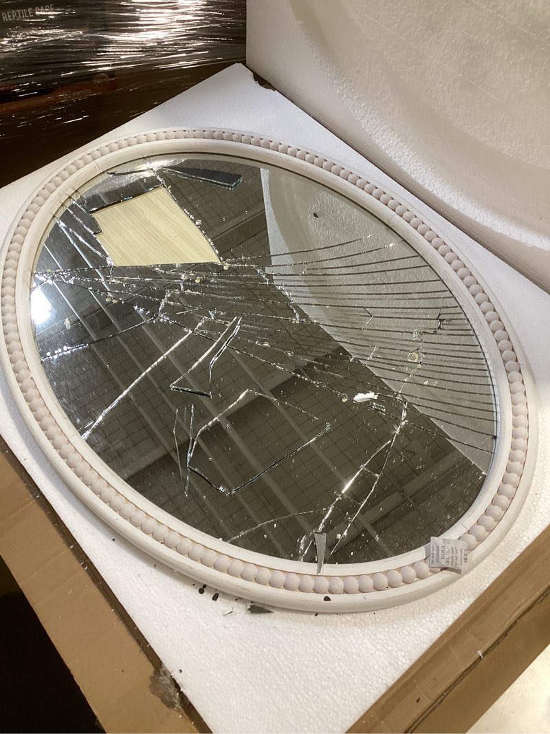 Condition photo showing As Is for 24" x 32" wall mount wood beaded frame oval mirror, white real glass modern farmhouse decorative mirror for bathroom vanity, entryway, bedroom white wood beaded frame oval mirror