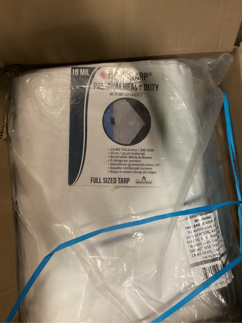 Condition photo showing New/Like New for watershed innovations hydratarp 20 ft. x 30 ft. premium heavy duty waterproof tarp - 18mil thick - white/brown reversible tarp with d-rings 20ft x 30ft