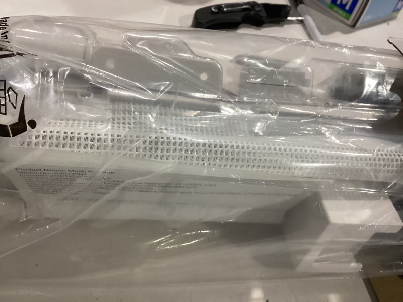 Condition photo showing New/Like New for reinforced 24 inch tall retractable baby gates for dogs, short dog gates to step over, expands 0-55 inches wide, mesh pet gate with support rods, small puppy gates for the house, white white 24" tall x 55" wide ( with reinforced rods )