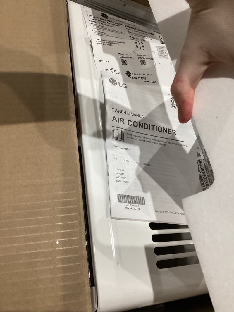 Condition photo showing As Is for LG LW6024RSMX Window Air Conditioner, Wi-Fi Enabled w/Remote, for Small Room (260 Sq.Ft.), Quiet Operation, 115V, 6,000 BTU, White