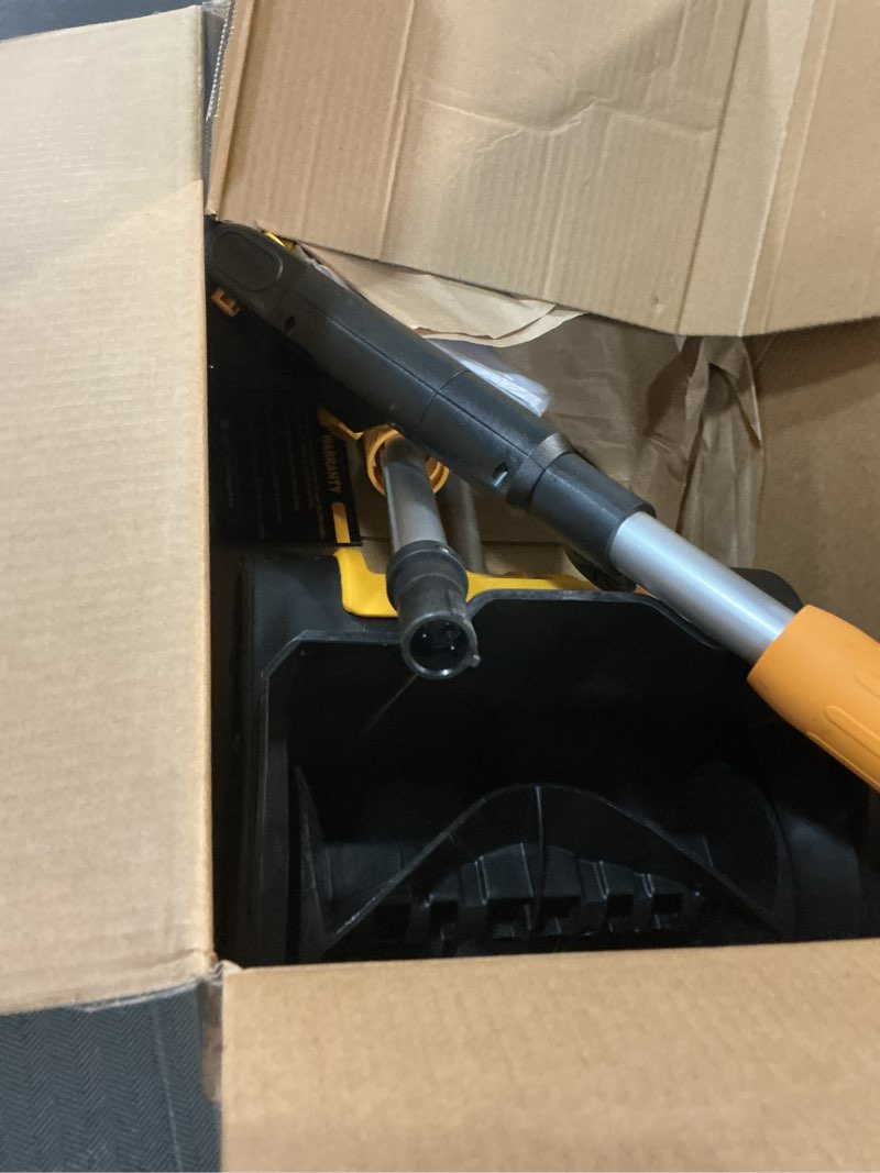Condition photo showing As Is for cordless snow shovel compatible with dewalt 20v max battery (tool only), 11" lightweight electric snow blower with 20ft max throw & adjustable handle, snow thrower for driveway, deck, patio & steps black+yellow