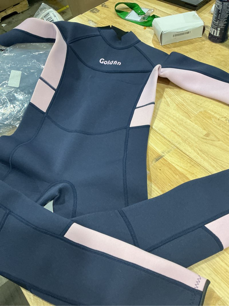 Condition photo showing As Is for (pink/navy blue) size 10 goldfin kids wetsuit for girls 3mm neoprene back zip wet suits r youth keep warm for cold water paddleboarding snorkeling surfing swimming