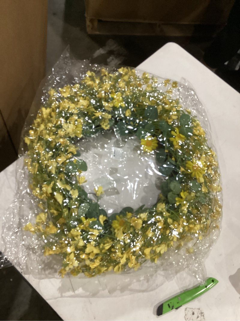 Condition photo showing Good Condition for 26 inch large summer spring wreaths for front door daisy wreath easter wreaths for front door artificial floral with green eucalyptus leaves wild floral for farmhouse porch wall living room home decor