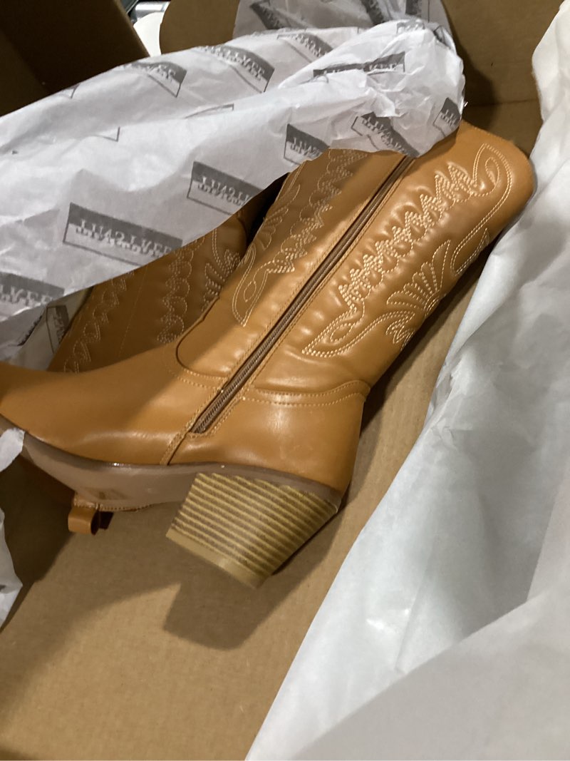 Condition photo showing Good Condition for women's embroidered cowboy western boots mid calf knee high pointed toe chunky heel 5cm stitching pull on design cowboy cowgirl western boots for ladies party and outdoor brown,09