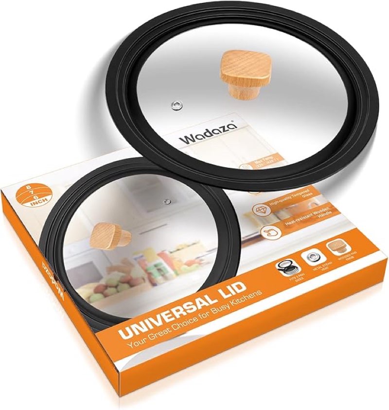 Wadaza Universal Lid for Pots and Pans - Tempered Glass Pan Lid with Wooden Knob, Dishwasher Safe Pot Lid, Fits 6, 7, 8 Inch Frying Pan Wok Skillet Cookware