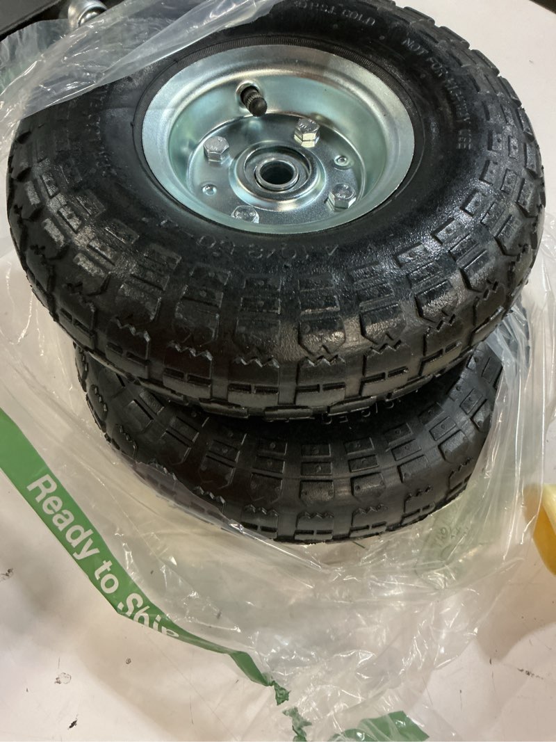 Condition photo showing Good Condition for ar-pro (2 pack) 4.10/3.50-4 tire and wheel, replacement pneumatic tires 10-inch wheel with 5/8" bearings and 2.2" offset hub, compatible with hand truck, wheelbarrow, wagon, gorilla carts 4.10/3.50-4 pneumatic (upgraded) silver