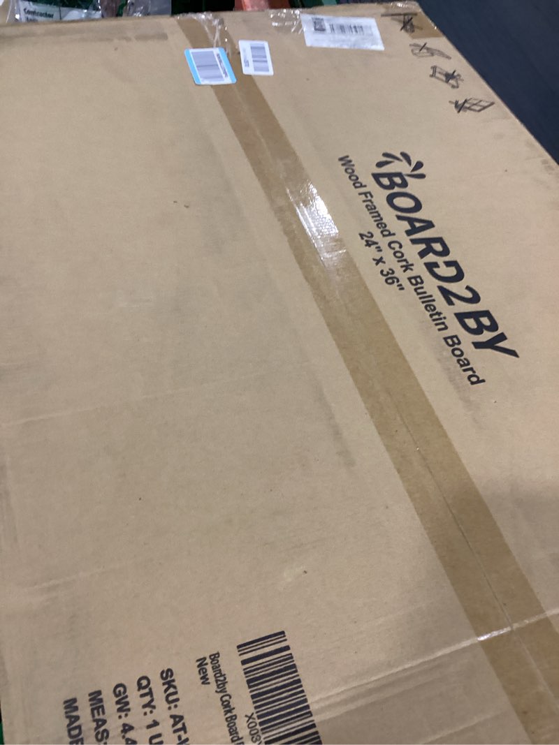 Condition photo showing New/Like New for cork board bulletin board 24 x 36, wood framed corkboards for wall decor, hanging office message board, large wall mounted notice pin board with 15 push pins for school, home & office 1 pack 24" x 36"