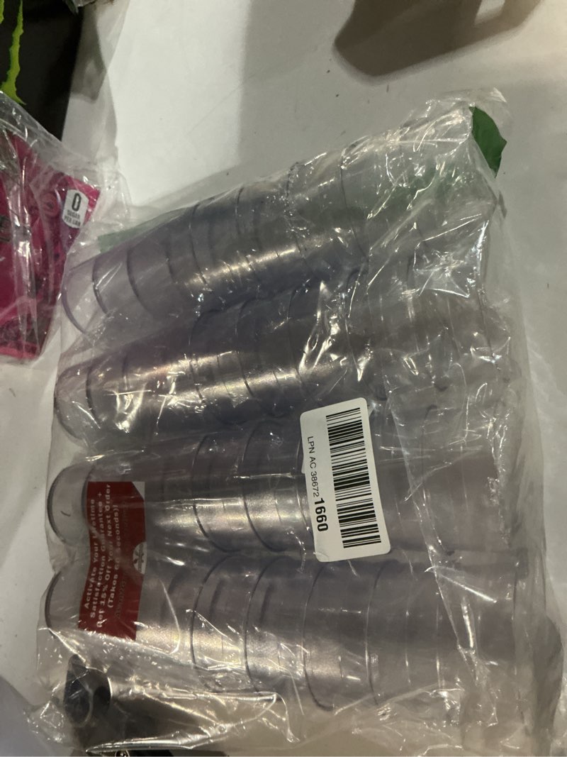 Condition photo showing New/Like New for restaurant grade, bpa-free 12oz clear plastic cups 24pk. super durable, break resistant drinking glasses for cafe, party, catering. reusable, stackable tumblers with textured grip design clear 24