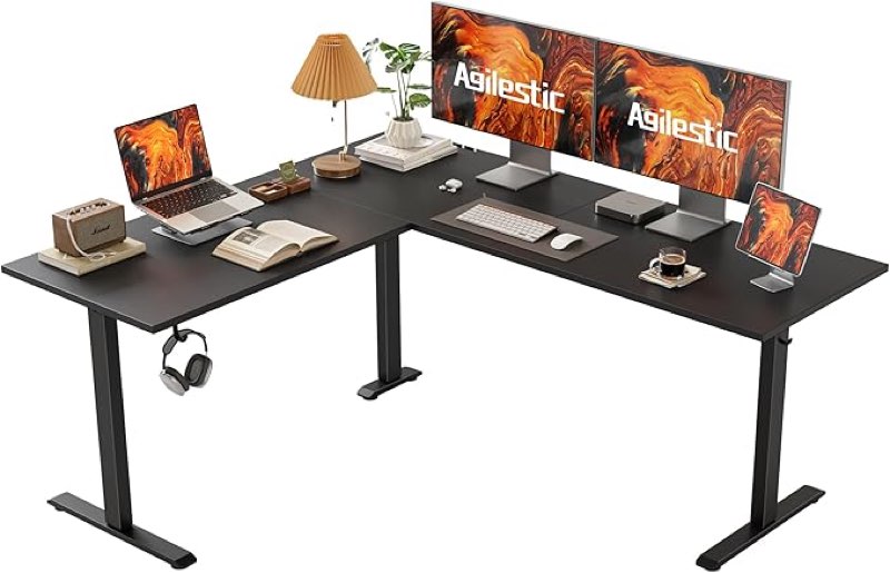 agilestic l shaped standing desk adjustable height, electric corner standing desk, 63 x 55 inch sit stand computer table with splice board, gaming table, black
