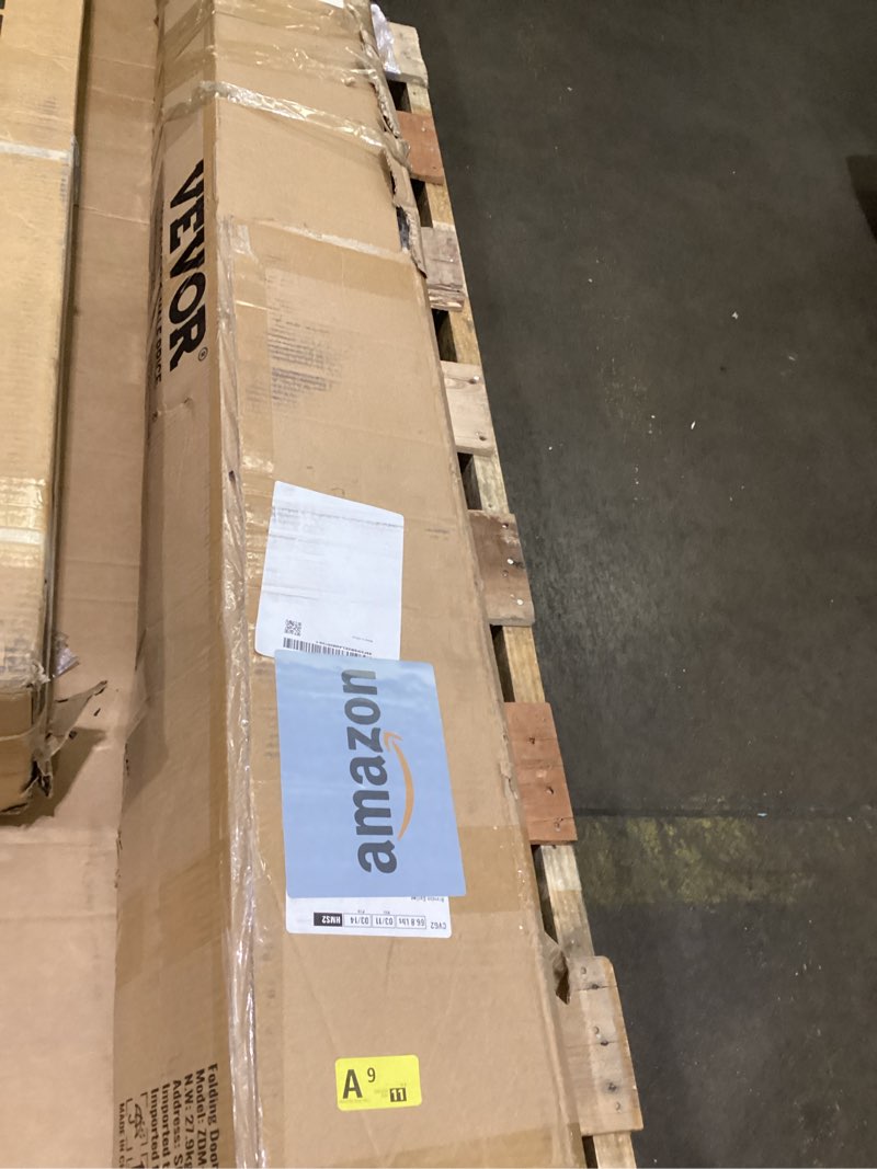 Condition photo showing As Is for vevor double folding security gate, 87" h x 150" w folding door gate, steel accordion security gate, flexible expanding security gate, 360° rolling barricade gate, scissor gate or door with keys