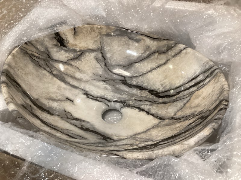 Condition photo showing Good Condition for white marbling bathroom vessel sink with black faucet and drain 16"x13" oval vessel sink ceramic basin bowl white black marble bathroom sinks above counter bowl sinks for bathroom