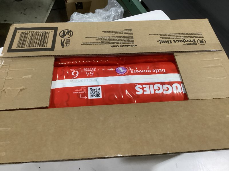 Condition photo showing Good Condition for huggies size 6 diapers, little movers baby diapers, size 6 (35+ lbs), 108 count (2 packs of 54), packaging may vary