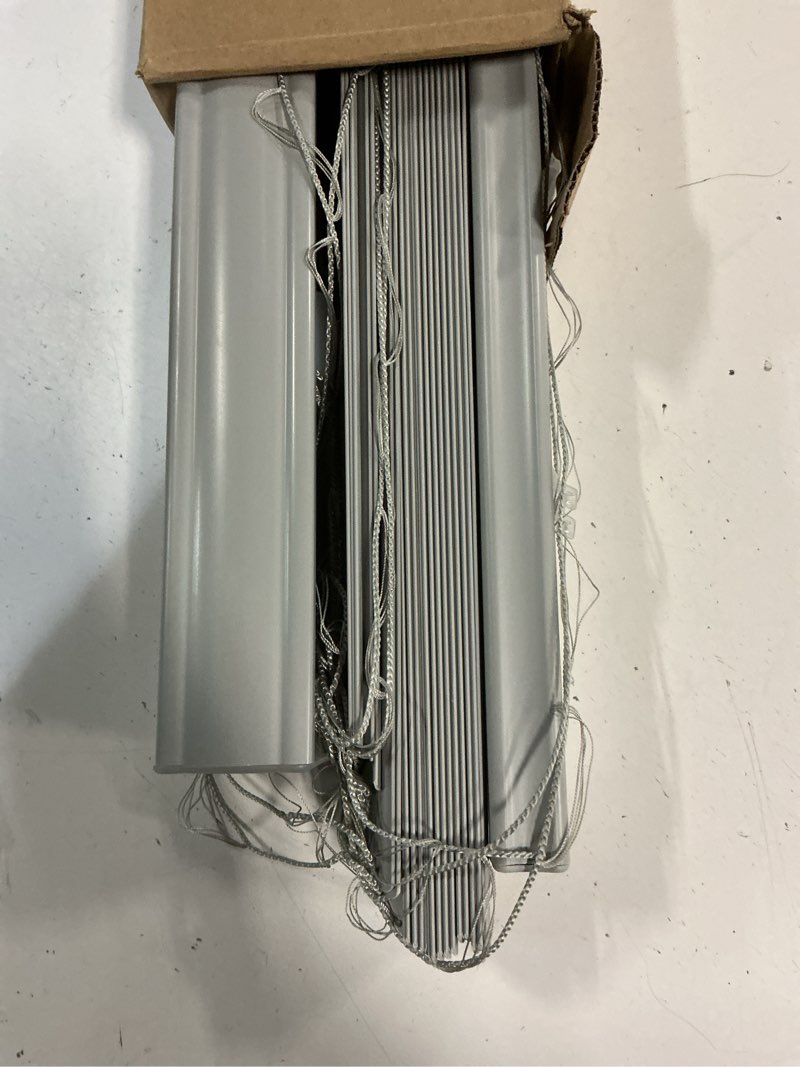 Condition photo showing As Is for project source premium 2-in slat width 34-in x 64-in cordless gray vinyl room darkening horizontal blinds