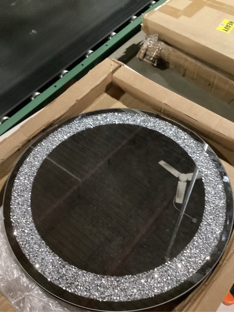 Condition photo showing As Is for 24 inch crushed diamond round glass wall mirror, bathroom mirror, wall decoration hanging mirror, suitable for living room, bedroom, vanity black