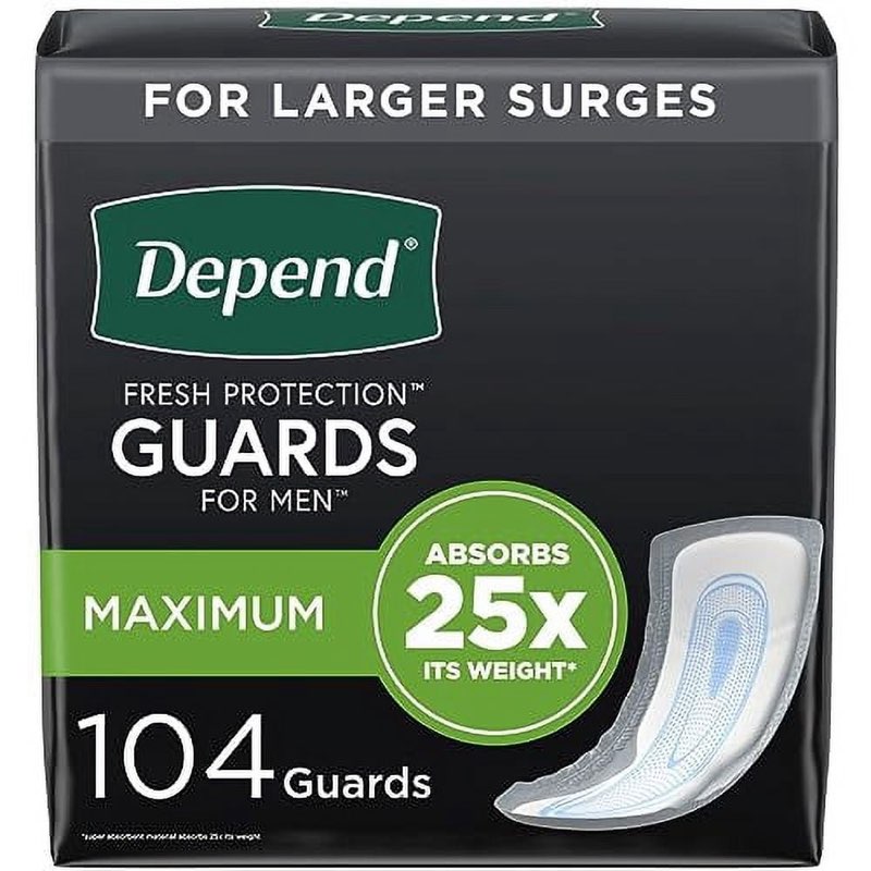 Depend Guards Incontinence Pads for Men, Maximum Absorbency, 104 Count (2 Packs of 52), Packaging Ma