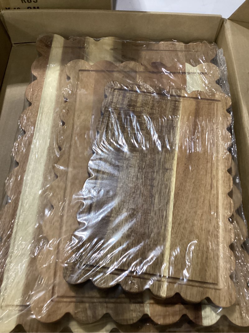 Condition photo showing New/Like New for 3 pcs acacia wood scalloped cutting board set, decorative cutting boards bread charcuterie board for cottagecore kitchen grandmillenial decor cheese meat fruit bread chopping blocks (classic style) acacia wood classic style