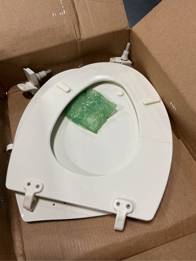 Condition photo showing As Is for mayfair cassel slow close toilet seat, easy clean, non slip premium wood seat, easy install, made in usa, elongated, biscuit seat elongated