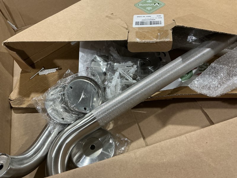 Condition photo showing As Is for 16 inch anti slip angled shower grab bars with munzong 20 inch stainless steel bathroom grab bar brushed nickel toilet handicap grab rail knurled safety handle support elderly injury senior bath 16in-2p brushed nickel
