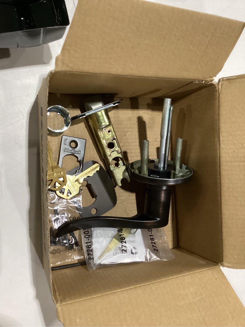 Condition photo showing As Is for incomplete kwikset balboa entry door handle with lock and key, secure keyed reversible lever exterior, for front entrance and bedrooms, venetian bronze, pick resistant smartkey rekey security and microban