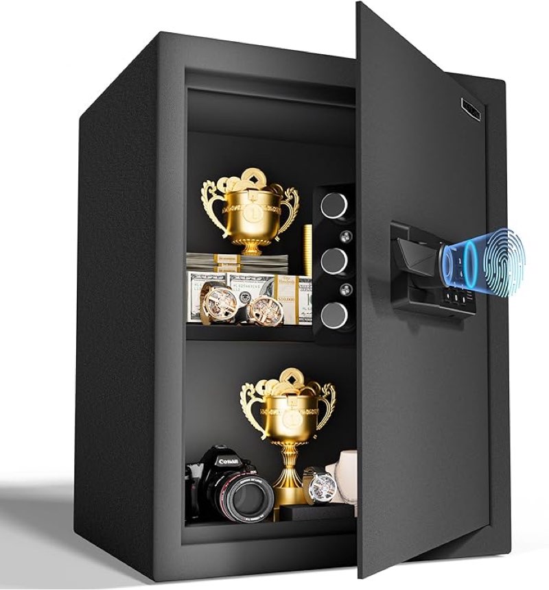 2.0 Cub Biometric Safe Box with Fireproof Bag, Quick-Access Fingerprint with Keys, Digital Keyboard, Type-C Port, Dual Alarm System Safety Box for Home, Office, Hotel Use(Black)